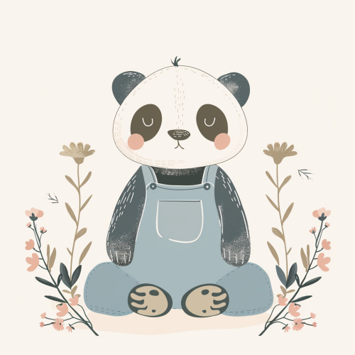 A Panda in Blue Overalls Surrounded by Flowers