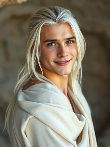 A Peaceful, Platinum-Blonde Man Glowing in White Tunics