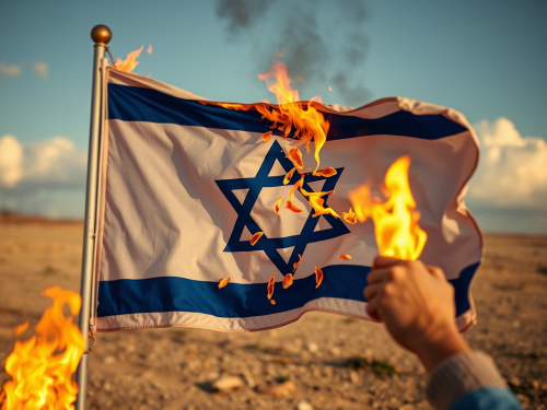A Person Burning the Shattered Israeli Flag