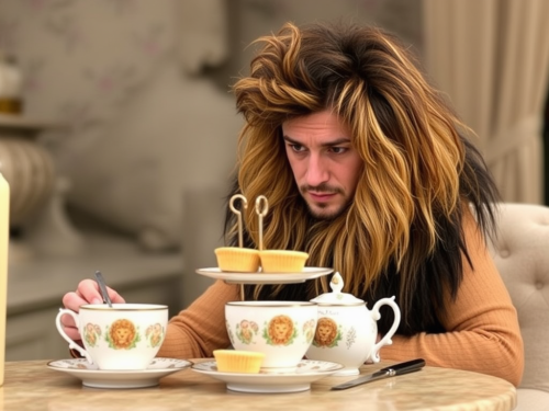 A Person Having Afternoon Tea with Lions