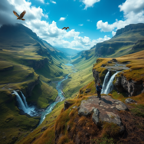 A Person Overlooking Scenic Valley and Waterfalls