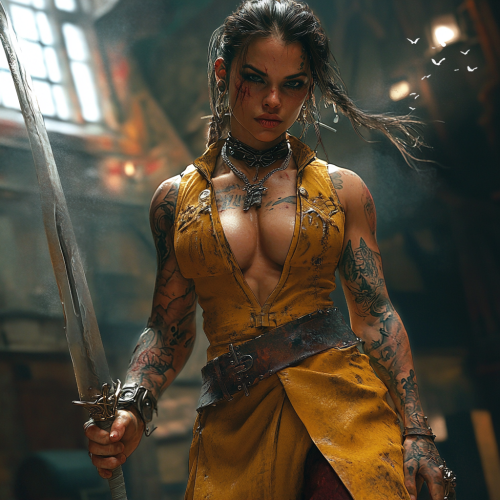 A Pirate Woman Swinging Sword with Muscular Arms