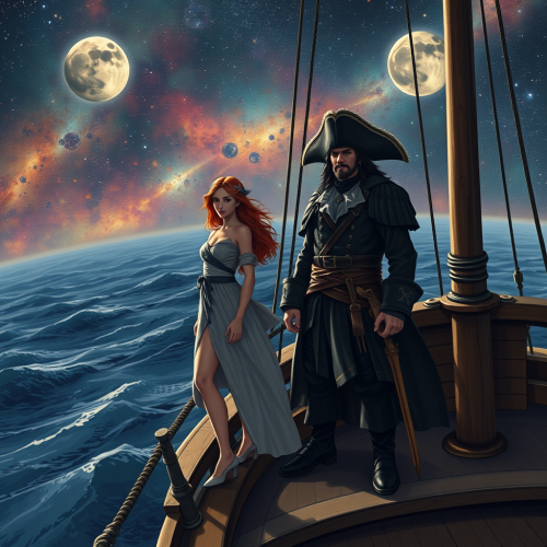 A Pirate and Woman Travel Space on Ship