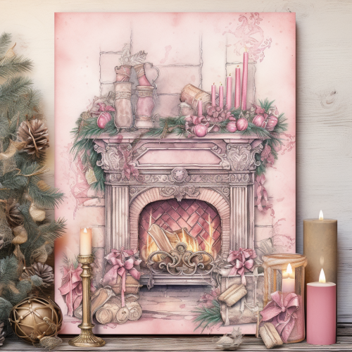 A Pretty Pink Christmas Stocking Hanging on Fireplace.