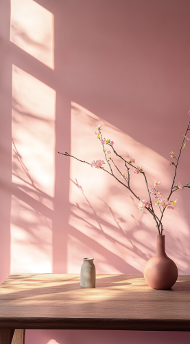 A Pretty Pink Room with Wooden Table