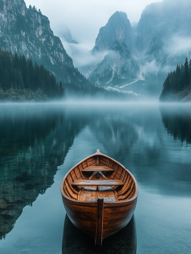 A Quiet Wooden Boat on a Foggy Lake