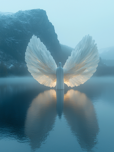 A Radiant Angel at Tranquil Lake Dawn