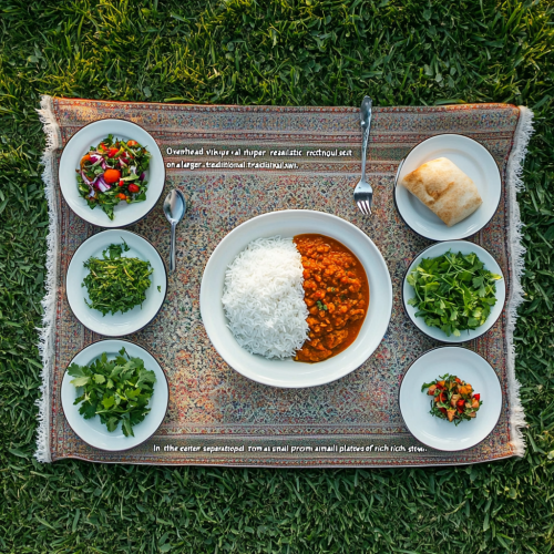 A Realistic Iranian Lunch Table Setting on Lawn