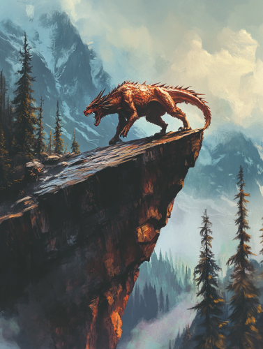 A Red Dragon Roaring on Cliff with Trees.