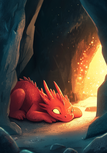 Illustration of a Red Dragon in a Cave