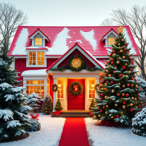 A Red House Surrounded by Christmas Trees