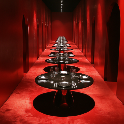 A Red Room with Black Tables and Silverware