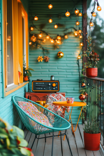 A Retro Christmas Balcony with Colorful Ornaments