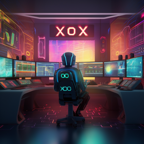 A Robot at Trading Desk with Multiple Screens