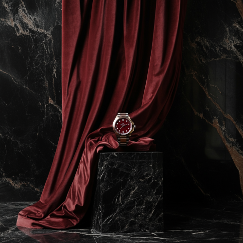 A Rolex watch resting on velvet draped sheet