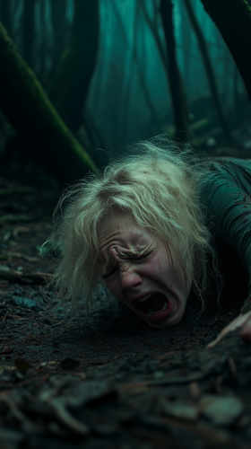 A Russian girl cries for help in forest.