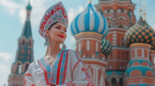 A Russian woman in traditional costume at St. Basil's