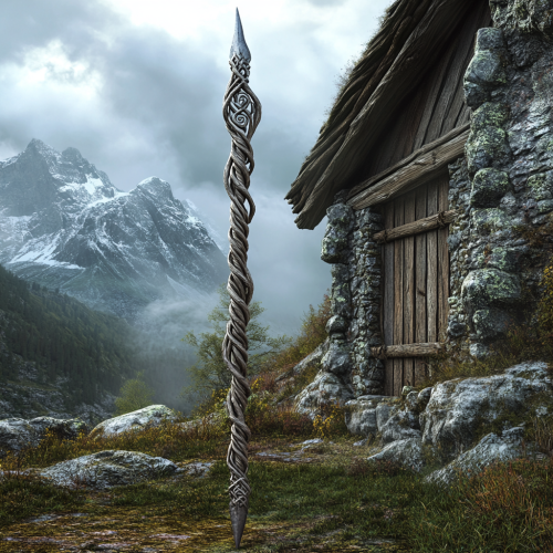 A Rustic Spear Resting Against Mountain Cabin A Rustic Spear Resting Against Mountain Cabin