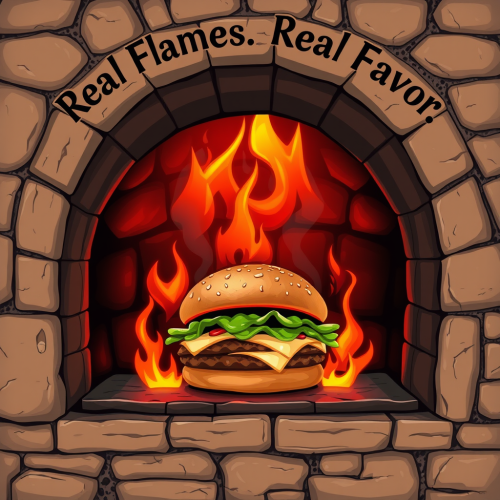 A Rustic Stone Oven with Sizzling Burger Poster
