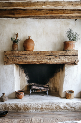 A Rustic Wood Beam Mantle Atop Farmhouse Fireplace A Rustic Wood Beam Mantle Atop Farmhouse Fireplace
