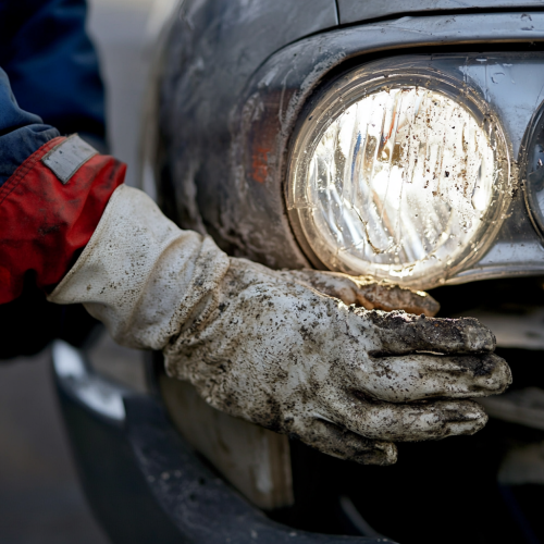 A Sad American Worker Cleaning Dirty Headlights A Sad American Worker Cleaning Dirty Headlights