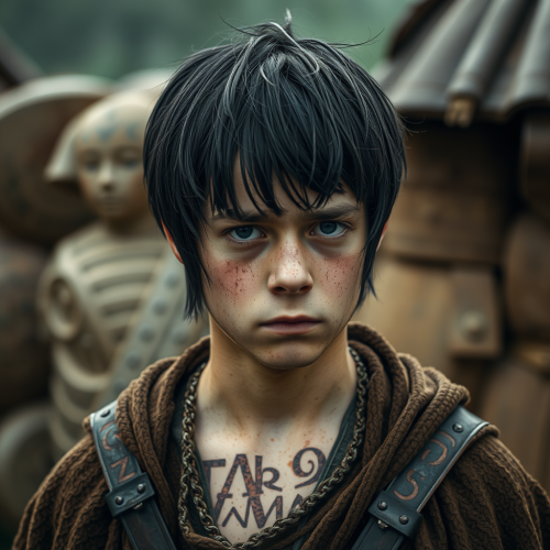 A Sad Medieval Teenage Boy with Black Hair