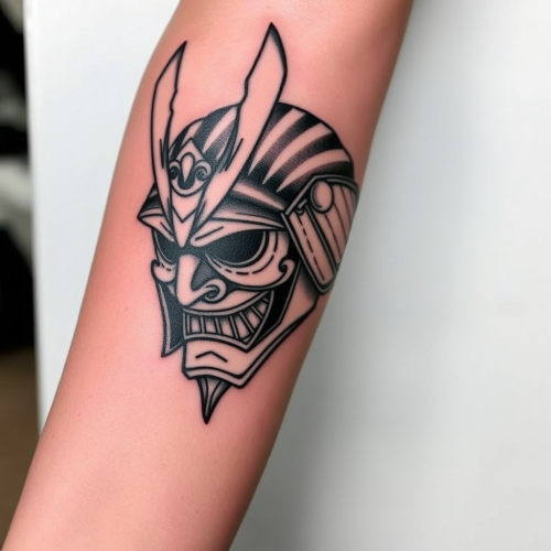 A Samurai Hannya Mask Tattoo with Cherry Blossoms