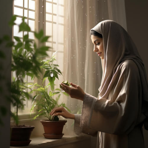 A Saudi woman using spray on houseplant