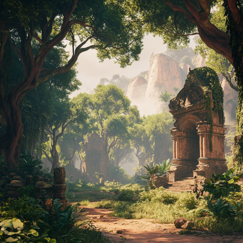 A Serene African Landscape with Ancient Temples