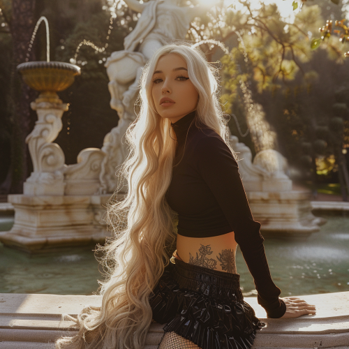 A Serene Girl By Fountain With Unique Style