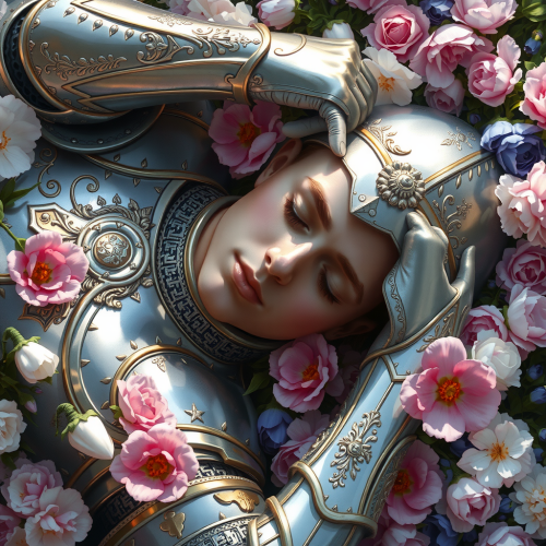 A Serene Knight Resting Amidst Blossoming Flowers