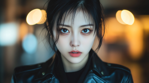 A Serious Asian Woman in Leather Jacket
