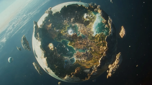 A Shattered Planet with Cities and Mountains in Space