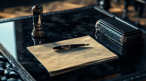 A Shiny Table with Parchment, Ink and Pen