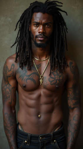 A Shirtless Man with Dark Skin, Dreads and Tattoos