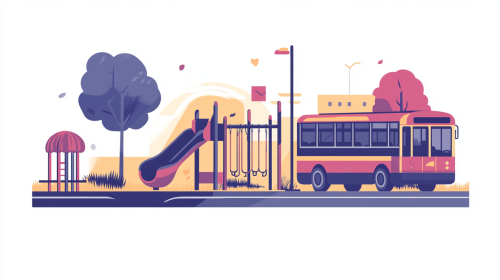 A Simple School Playground with Bus and Equipment