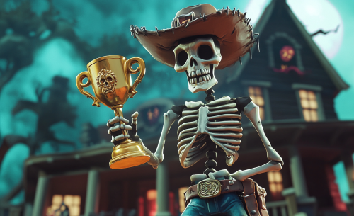 A Skeleton Cowboy with Trophy and Chainsaw