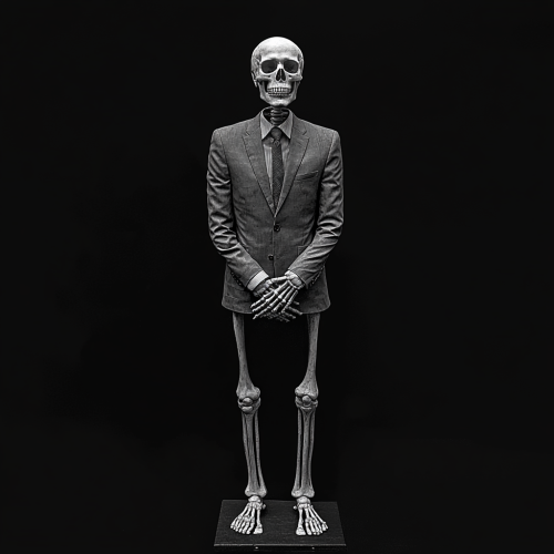 A Skeleton in Suit Standing at Angle