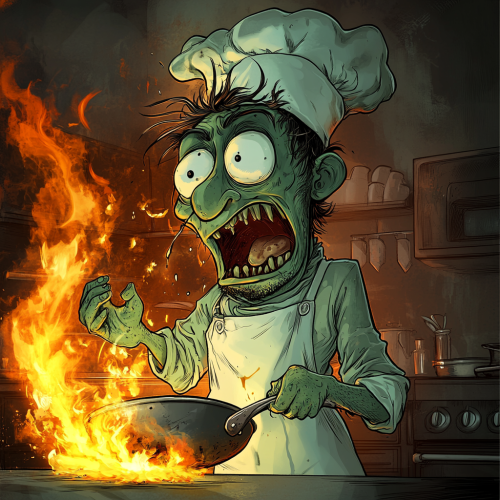 A Skinny Chef with Green Skin Panicking in Kitchen.