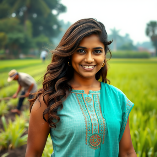 A Smiling, Muscular Indian Woman in a Field