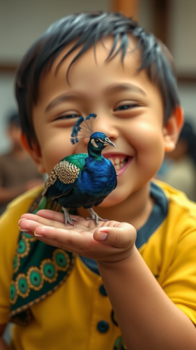 A Smiling Asian Child Holds Tiny Peacock A Smiling Asian Child Holds Tiny Peacock