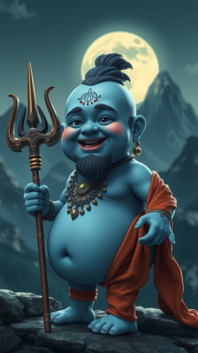 A Smiling Blue Figure Holding Trident, Moonlit Mountains