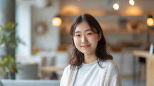A Smiling Japanese Girl in Modern Space