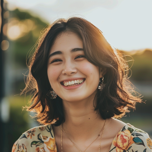 A Smiling Japanese Woman at Summer Racetrack