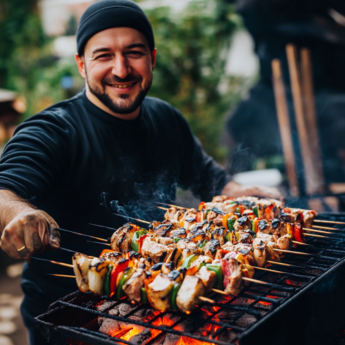 A Smiling Man Grills Kabobs on Skewers