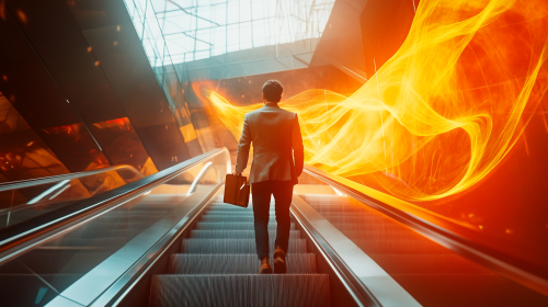 A Smiling Office Worker Walking Towards Escalator