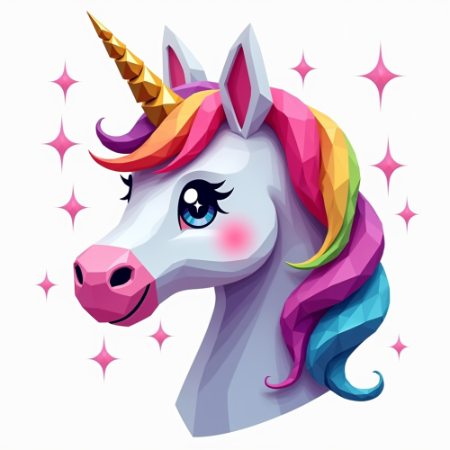 A Smiling Polygonal Unicorn with Neon Rainbow Mane
