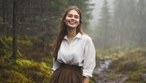 A Smiling Woman in Classy Clothes Standing in Rain