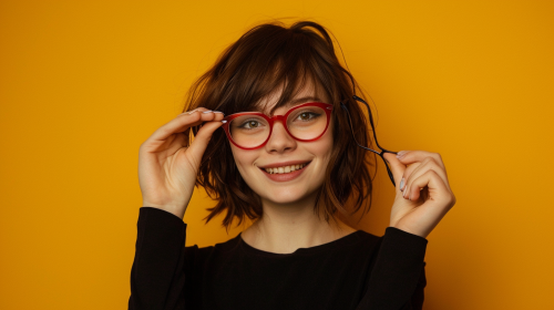 A Smiling Young Woman with Red Glasses