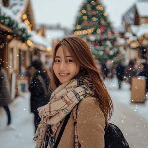A Snowy Winter Town Festival with Christmas Decorations